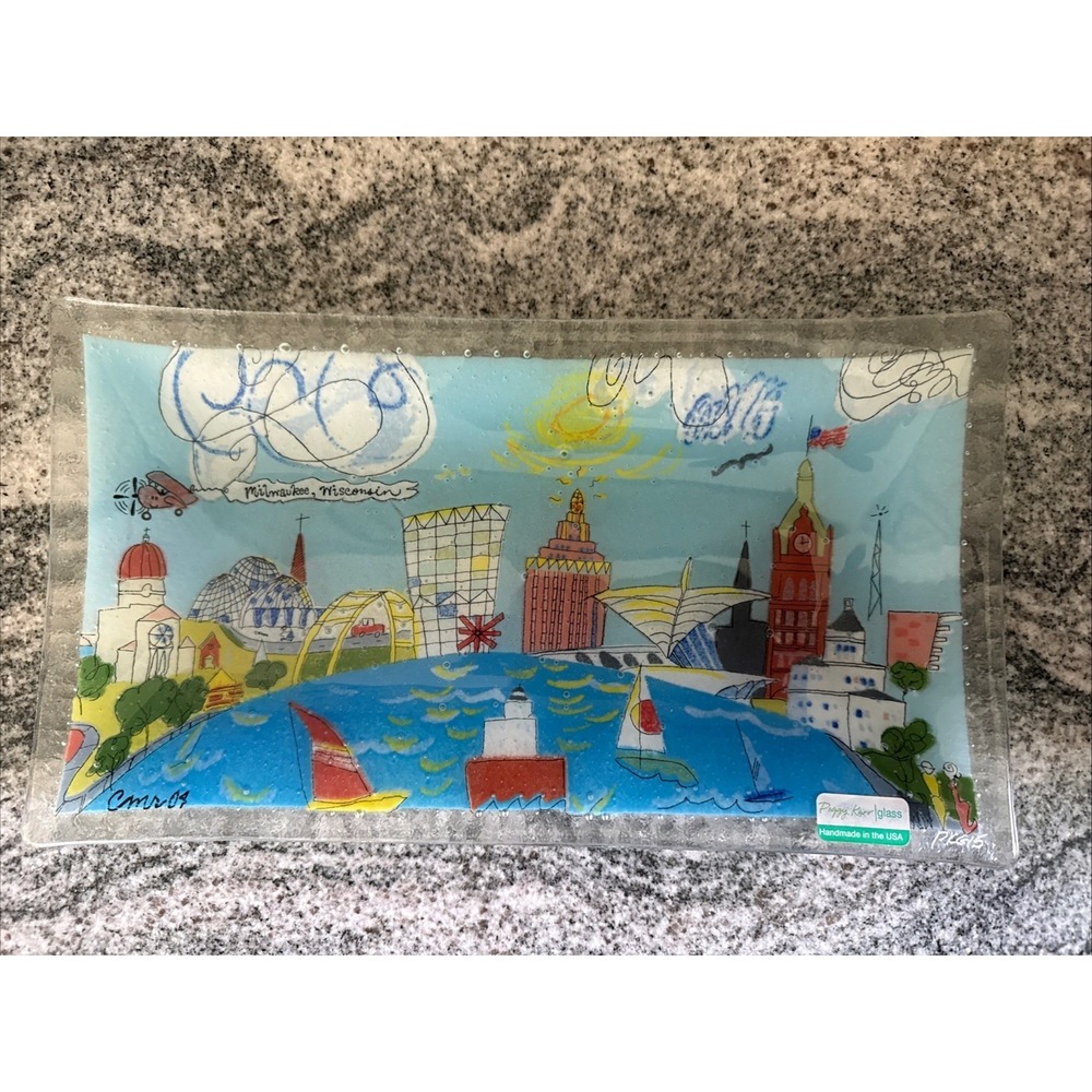 Peggy Karr Fused Glass Plate Milwaukee Wi Skyline Rectangular Platter Hand Made